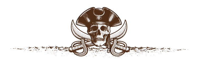pirate skull in hat with swords crossed behind