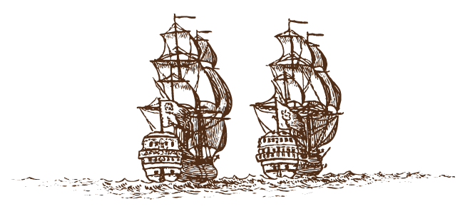 sketch of two pirate ships with sails in full use